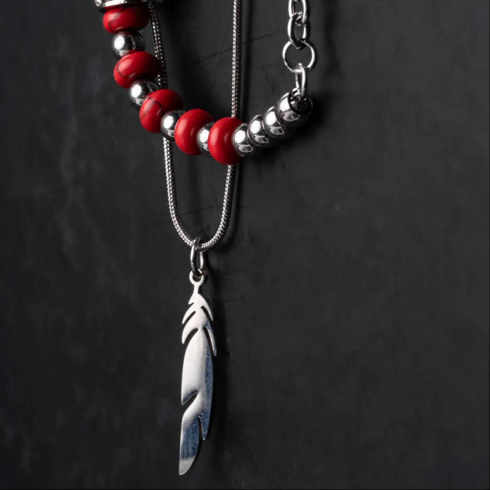Feather Pendant Bead Necklace - Image 4